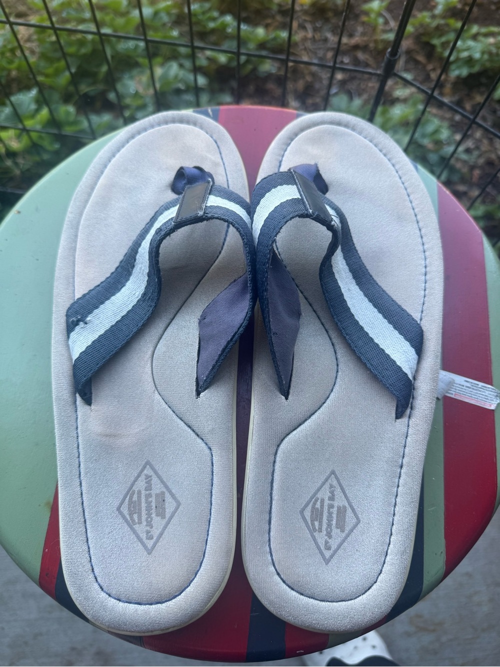 St. John's Bay Tan Flip-Flops with Navy and White Straps